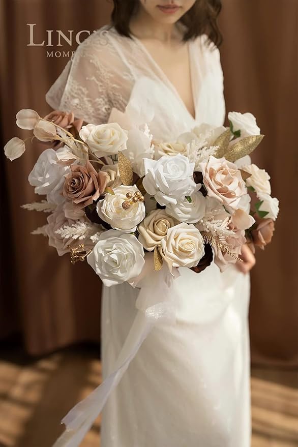 Ling's moment Artificial Flowers 25Pcs Cream Roses Decor w/Stems,3" Real Touch DIY Foam Floral for Wedding Bouquet/Centerpieces, Outdoors Party Backdrop, Room/Table, and Garden/Pot Decorations