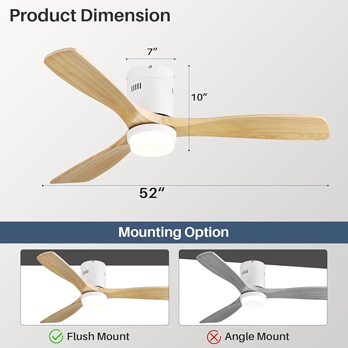 Sofucor 52 Inch Ceiling Fans with Lights, Solid Wood Ceiling Fan with Light Remote Control, Flush Mount Indoor/Outdoor Ceiling Fans, Reversible DC Motor, 3 Blade Ceiling Fan Light for Bedroom Patio