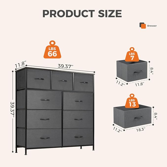 Sweetcrispy 9 Drawer Fabric Dresser Tall Chest Storage Organizer Tower with Cabinet Metal Frame and Wood Top Lightweight Nursery Closet Furniture for Bedroom,Charcoal Grey
