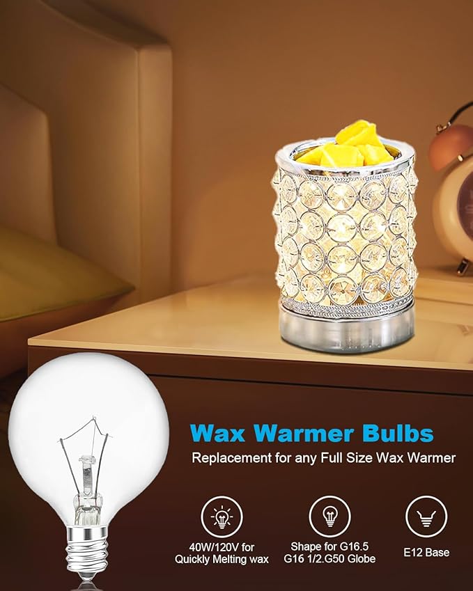 Wax Warmer Bulbs, 40W Candle Lamp, G50 Light Bulbs for Full Size Scentsy Warmer, E12 Candelabra Base for for Chandelier, Ceiling Fan Light, Decorative Vanity Lights, Dimmable, Warm White 6pcs
