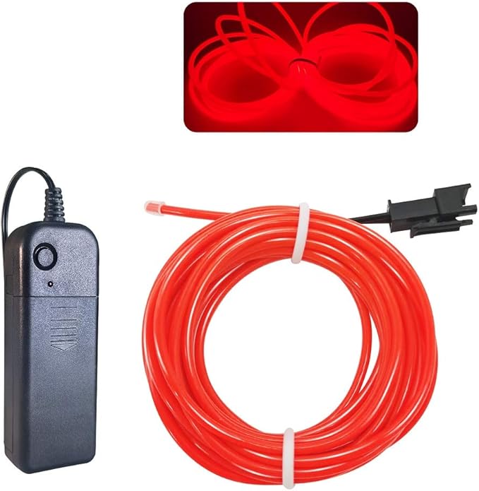 MaxLax EL Wire Red, 32.8ft/10m Portable Battery Pack Neon Light Strip 360° Cuttable Glowing Rope Lights for Parties, Halloween, DIY Decoration