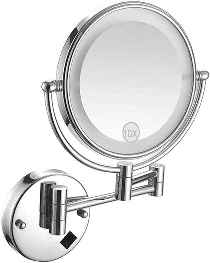 8Inch 10X Magnifier with LED Light Wall-Mounted Bathroom Mirror Wall Mounted Makeup Mirror Extended to 17 Inches Powered by USB Charging for Bathroom Hotels,Chrome (Color : Chrome)