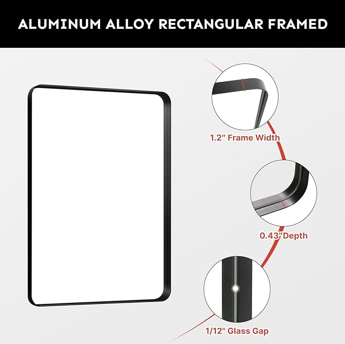Kosmonia 36x24 Bathroom Vanity Mirror for Wall, Aluminum Framed, Farmhouse Rectangle, Anti-Rust, HD Reflection Anti-Desilvering, Distortion Free, Tempered and Shatter-Proof Wall Mounted Mirror, Black