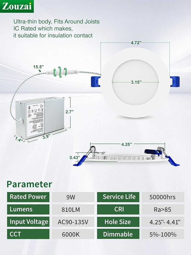 zouzai 12 Pack 4 Inch 6000K Ultra-Thin LED Recessed Light with Junction Box, 9W 810lm Dimmable,Ra>85 High Brightness - ETL an Energy Star Certified
