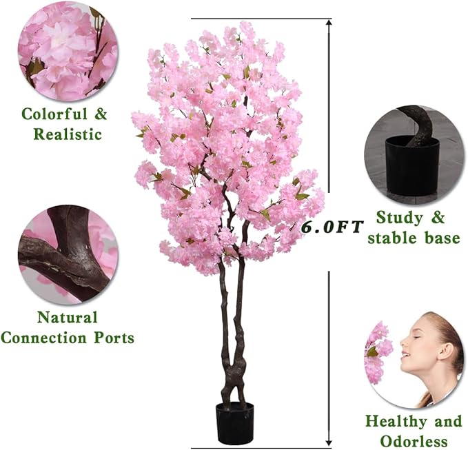 Faux Cherry Blossoms Tree Pink 6FT Artificial Cherry Blossom Tree Beautiful Flowering Trees for Home Decor