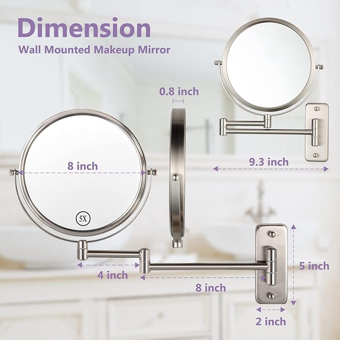 Wall Mounted Makeup Mirror, 1X/5X Magnifying Mirror Double Sided, 8 Inch Extendable Bathroom Mirror for Shaving, Nickel