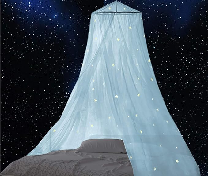 BCBYou Baby Canopy Mosquito Net with Fluorescent Stars, Glow in Dark for Kids, Adults & Full Size Bed (Light Blue)