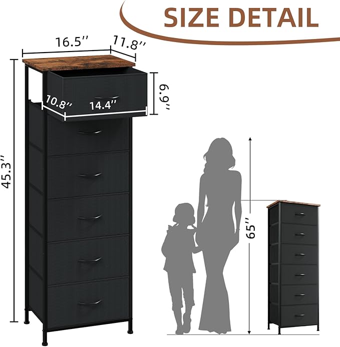 Somdot Tall Dresser for Bedroom with 6 Drawers, Storage Organizer Chest of Drawers with Removable Fabric Bins for Closet Bedside Living Room Laundry Entryway Hallway, Black Rustic Brown