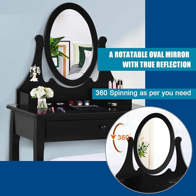 Giantex Vanity Set with Oval Mirror and Cushioned Stool, Makeup Dressing Table with 3 Drawers, Modern Bathroom Bedroom Makeup Organizer Vanity Table for Women Girls Gifts (Black)