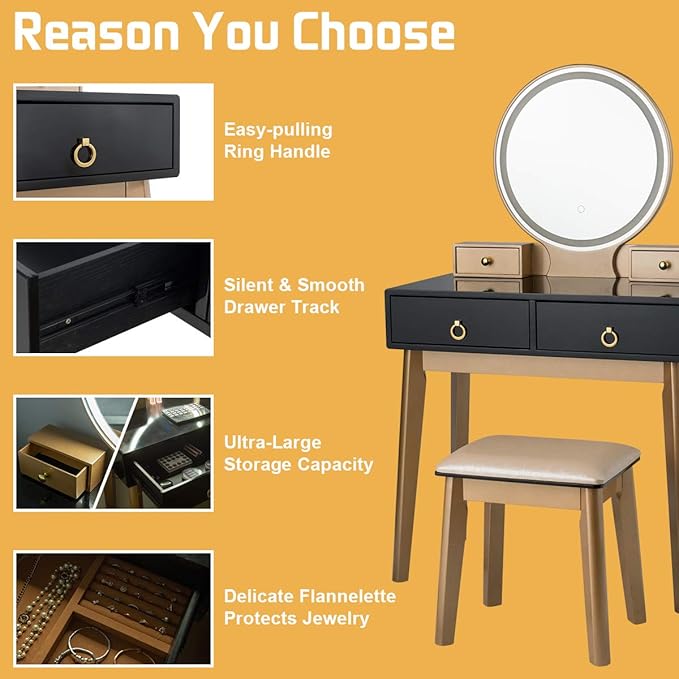 CHARMAID Vanity Desk with Lighted Mirror, Black Makeup Vanity Table with 4 Storage Drawers, 3 Lighting Modes, Solid Wood Legs, Modern Dressing Table with Vanity Stool for Small Bedroom