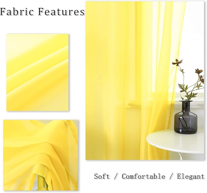 DUALIFE Yellow Curtains 72 Inches Length for Bedroom Set of 2 Panels Grommet Window Semi Voile Light Filtering Sheer Curtains for Living Room 52x72 Inch Long