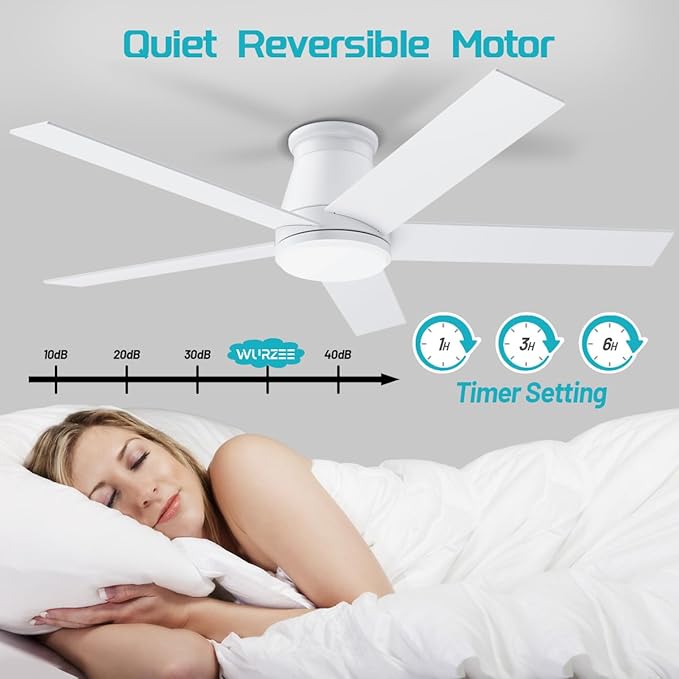 wurzee 52" Ceiling Fan with Light, White,6 Speeds DC Reversible Motor,Timing, Dimmable for Bedroom, Kitchen, Patios