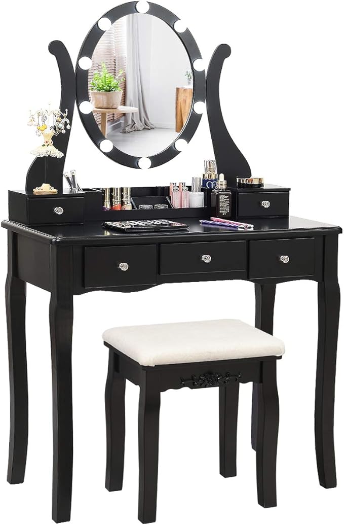 CHARMAID Makeup Vanity Table with Lighted Mirror, Vanity Desk with 10 LED Lights, Adjustable Brightness, 5 Drawers and Removable Storage Organizer, Bedroom Dressing Table with Stool (Black)