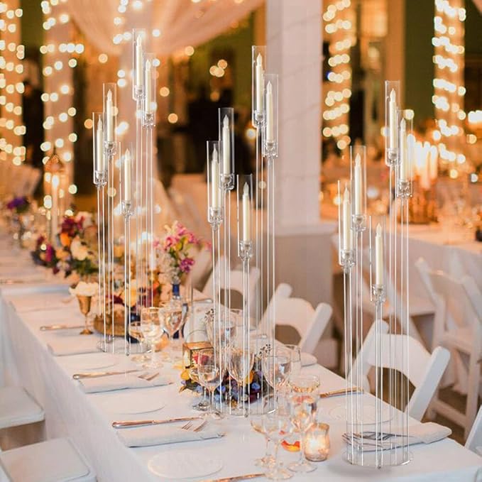 20pcs 5 Arm Candelabra Acrylic Floor Candelabra for Wedding,45.7inch Tall Clear Candle Holders for Ceremony Birthday Party Home Decoration Fit 0.8 LED Candles