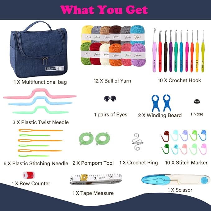 Yarniss Crochet Kits for Beginners, All in One Crochet Kits with 840 Yards Crochet Yarn, 10 Size Ergonomic Crochet Hooks 2.0mm~6.5mm
