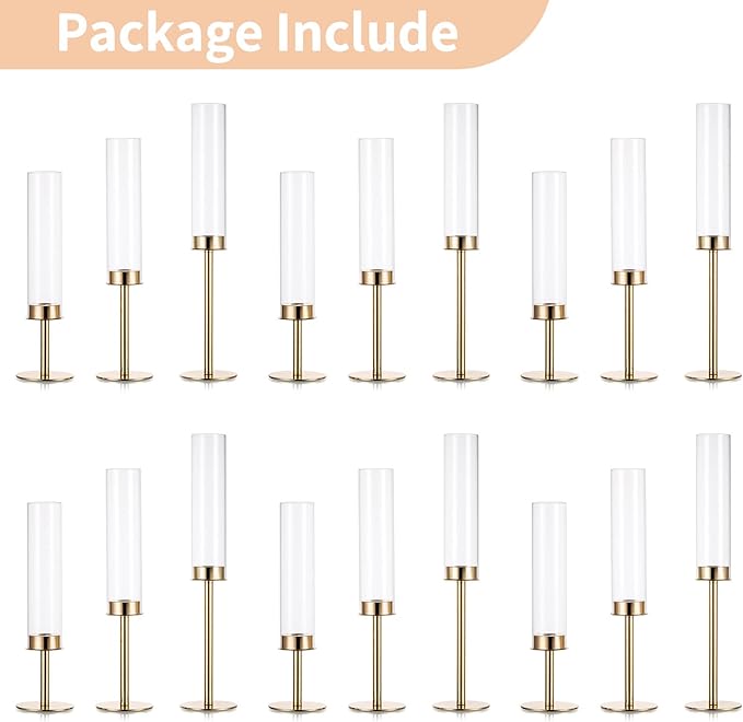 NUPTIO Gold Candlestick Holders Bulk: Set of 18 Glass Hurricane Taper Candle Holders - Decorative Candle Stick Stand for Fall Christmas Fireplace Dining Table Decor