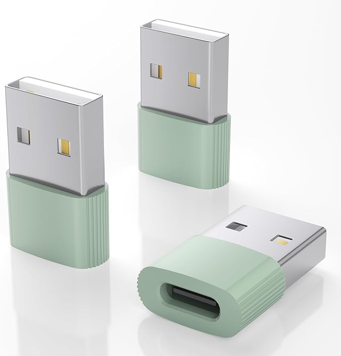 USB to USB C Adapter 3 Pack, Type C Female to A Male Charger Converter for iPhone 15/16/17 Pro Max,iWatch Ultra SE 9 10,Galaxy S25/S24, MacBook, iPad, AirPods,Pixel,PS4,(Green)