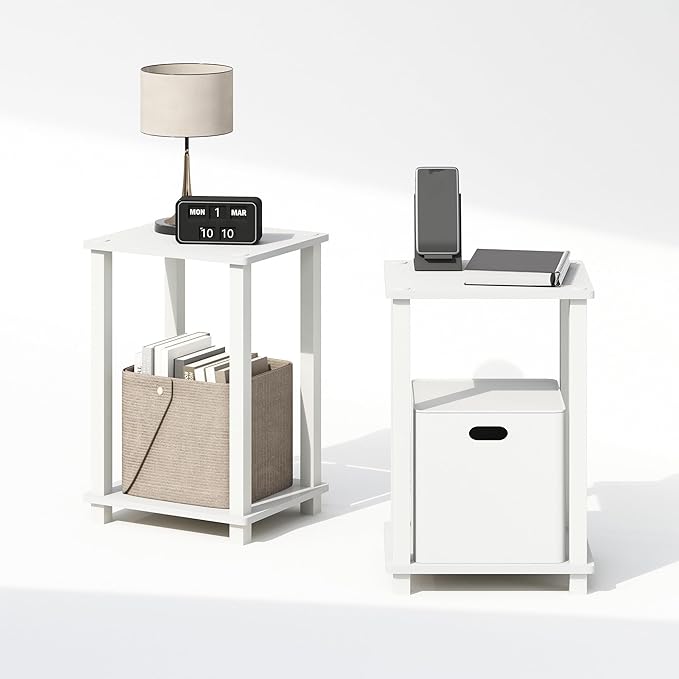 Furinno Simplistic Night Stand Set of 2, 2-Tier Small Nightstand with Open Shelf, Toolless Bedside Table, End Table, Side Table, for Bedroom, Living Room, White