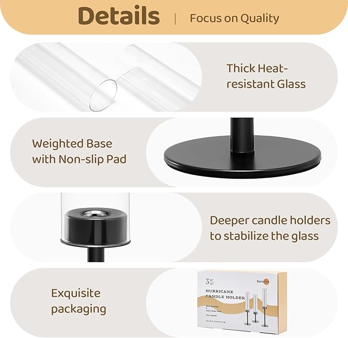 Black Hurricane Candle Holders Set of 6, Tall Metal & Windproof Glass Taper Candle Holders, Outdoor/Indoor Table Centerpieces for Weddings, Christmas, Parties, Fireplace Decor