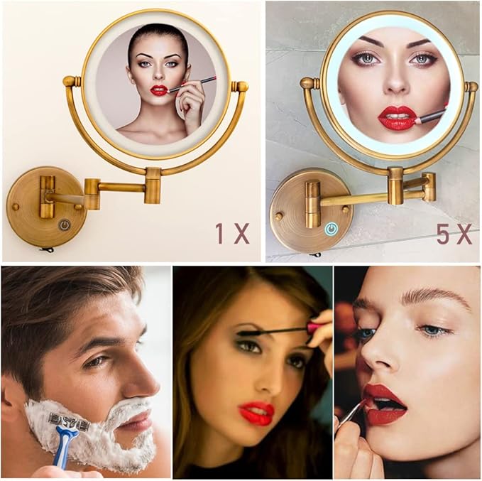 Hardwired Bathroom Wall Mounted Makeup Mirror with Lights and Magnification, 1X/5X Double-Sided for Exquisite Make-up, Extendable Adjustable Angle, No Bending Over Design, Antique Brass