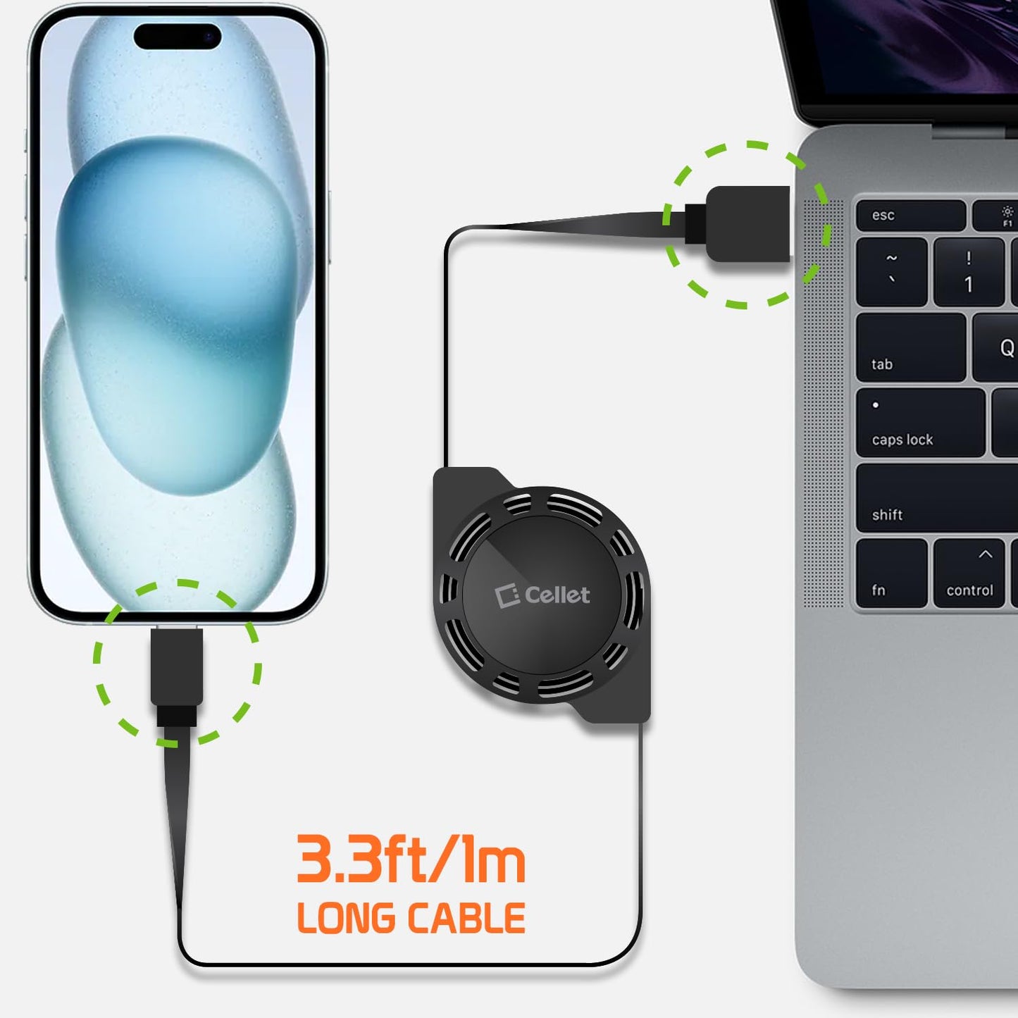 Retractable USB-C Charger Cable, 3 Feet, Compatible with iPhone 15 Series, Samsung Galaxy, Google Pixel, iPad
