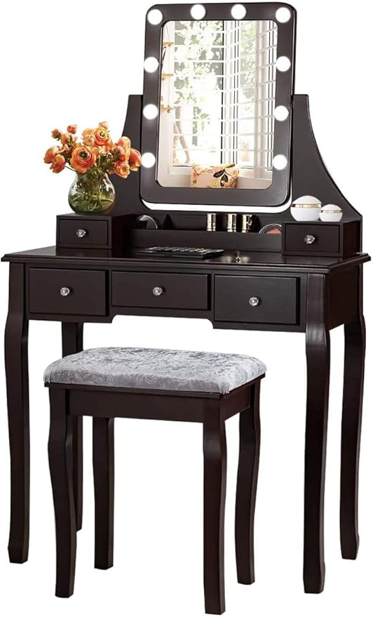 CHARMAID LED Vanity Desk with Lighted Mirror, 10 Dimming Bulbs, 5 Drawers, 3 Storage Organizers, Makeup Vanity Desk with Stool, Bedroom Dressing Table, Gift for Girls Women (Espresso)