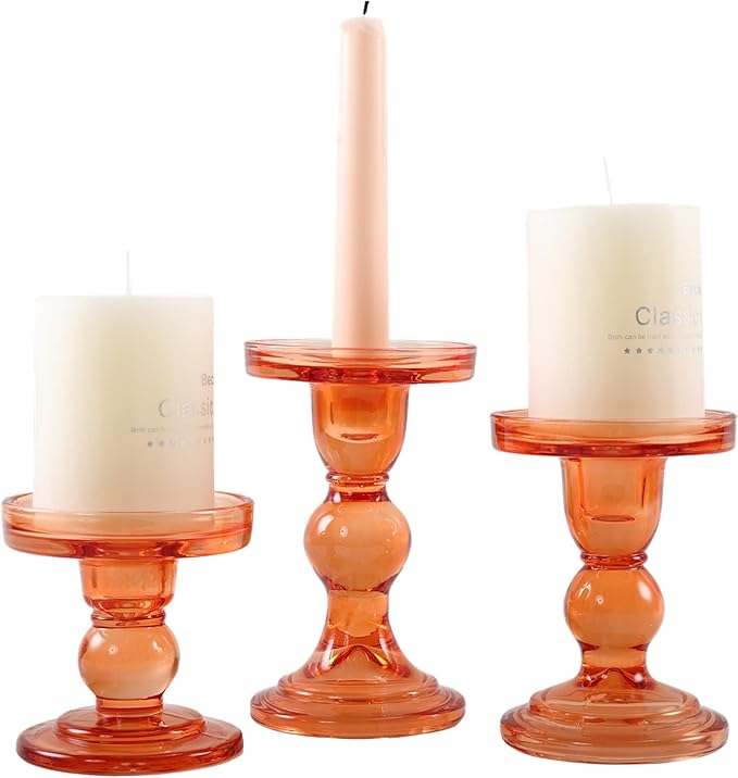 GMWD 3 Pcs Glass Candle Holder Set Clear, Orange Rose Candlesticks Holders Pillar Taper Candles Tealight Stand for Wedding Centerpieces Home Decorations Dining Table