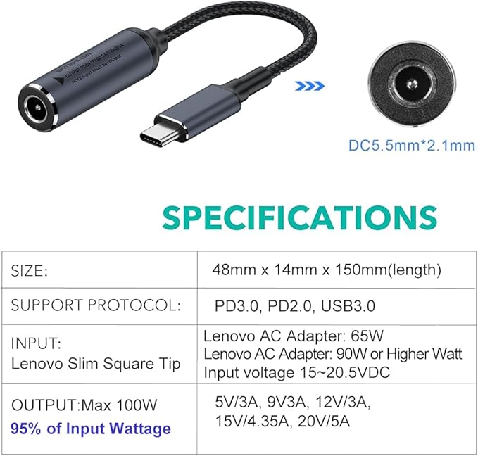 PLUSPOE PD 100W DC 5.5mm x 2.1mm Female Input to USB Type C Male Power Charging Cable, 100W DC5521 to Type C Cable with PD Automatic Identification Chip for Phones,Tablets,Laptops.