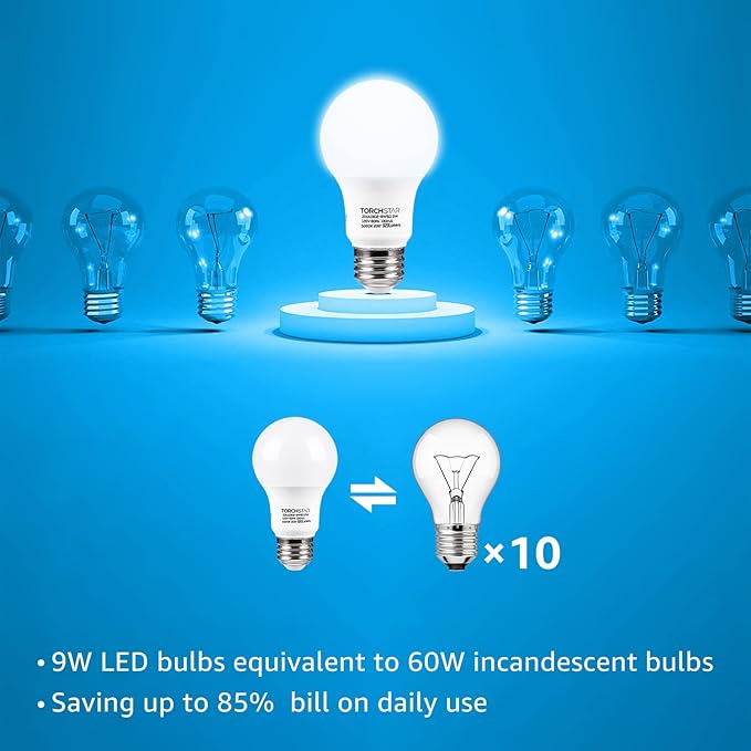 TORCHSTAR A19 LED Light Bulbs 60W Equivalent, UL Listed, 5000K Daylight, Dimmable, 9W, 800lm, Flicker Free, E26 Standard Base LED Bulb for Ceiling Fan, Lamp, 15,000hrs, Pack of 6