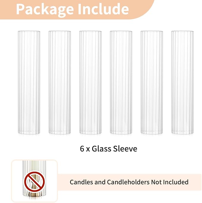 NUPTIO Hurricane Candle Holder Fluted: 2.5 x 12 inches Ribbed Glass Shade for Candlestick - Bulk Decorative Bottomless Cylinder Taper Candle Cover for Outdoor Table Centerpiece