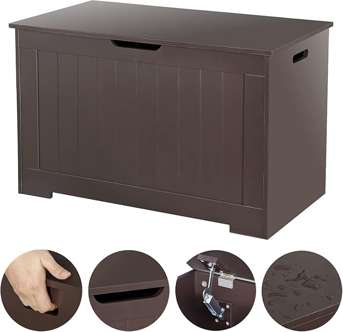 Toy Chest for Girls Boys Wooden Storage Box with Flip-top Lid & Safety Hinge, Kids Room Play Room Nursery Organizer, Bedroom Bench with 100L Storing Area, Brown