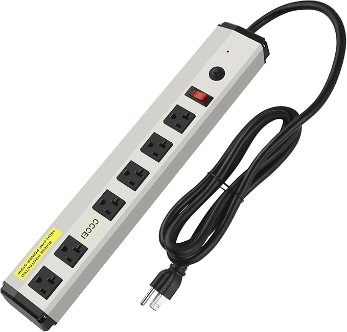 CCCEI Heavy Duty Power Strip Surge Protector 20 Amp, High Amp Industrial Shop Garage Metal Multiple Outlets, 15 FT 12 Gauge 5-15P Extension Cord 6 Outlet 6-20R T-Slot 20a for Appliance.