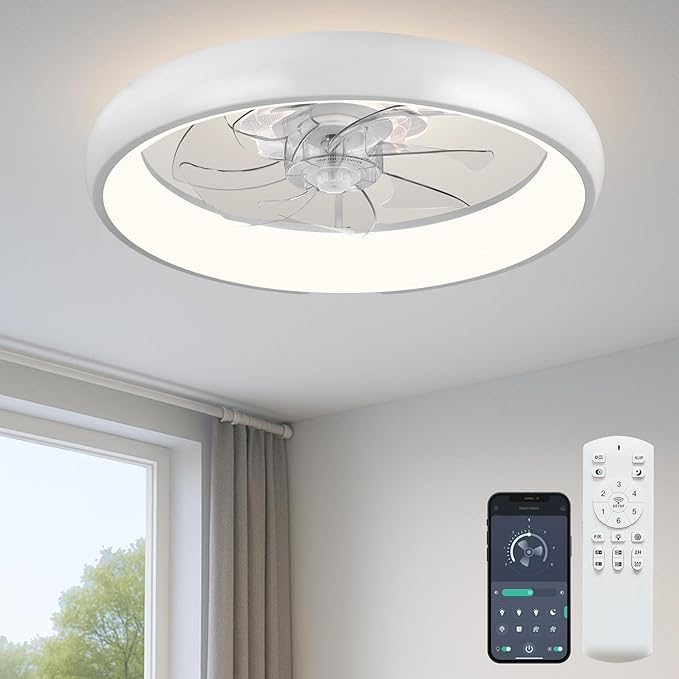 20'' Ceiling Fan with Light, Upgraded Low Profile Fan, Flush Mount Ceiling Fan, 6 Speeds, Dimmable LED, App & Remote Control, Quiet DC Motor, for Bedroom, Living Room, F109 White