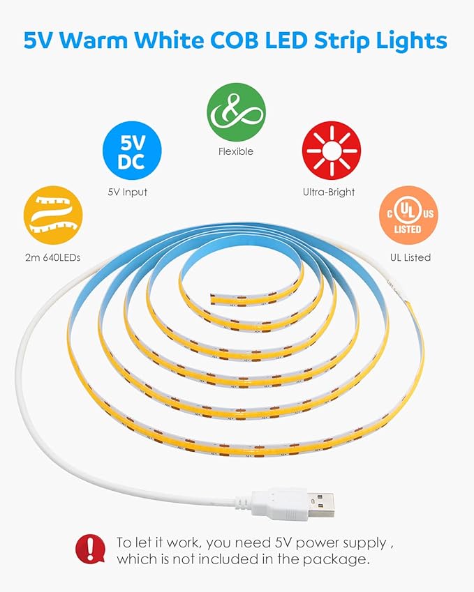 Aclorol COB LED Strip Lights for TV 5V USB Powered Warm White 6.56FT 320Leds/M COB Flexible Light Strip TV Led Backlight for Bedroom Under Cabinet Kitchen DIY Lighting Project 3000K CRI85+ 2M