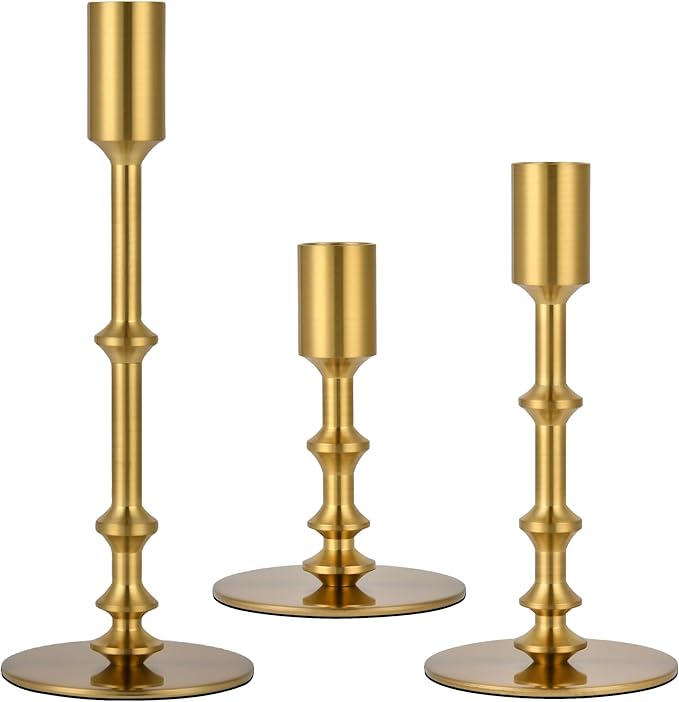 Candlestick Holders for Taper Candles, Brushed Brass Gold Candle Stick Holders Decor, Taper Candle Holder Set for Table Mantel Wedding Dinning Anniversary