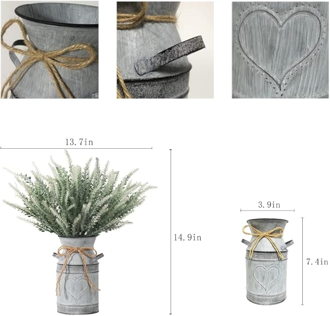 Artificial Lavender Flowers with Vase,Fake Lavender Plant Artificial in Metal Vase for Kitchen Counter Rustic Farmhouse Decor (Heart,White)