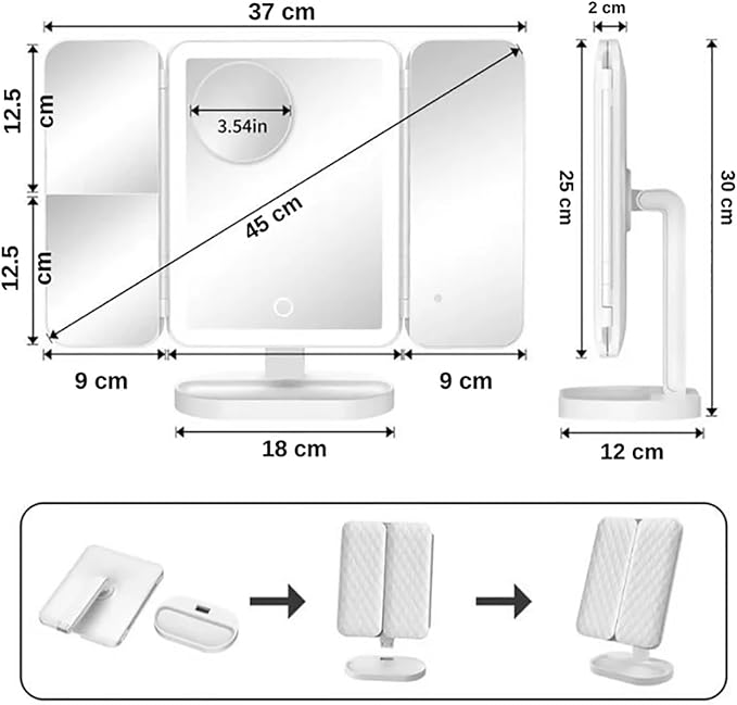 Vanity Mirror Pro, Trifold Led Makeup Mirror, Aristoparis Makeup Mirror, Glisera Makeup Mirrors, Glisera Smart Mirror with Lights,LED Trifold Vanity (White)