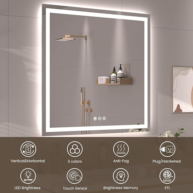 40"X28" LED Bathroom Mirror with Front Lights and Backlit, Anti-Fog, Dimmable, Shatter-Proof Tempered Glass, Lighted Bathroom Vanity Mirror for Wall with 3 Colors, Memory Function