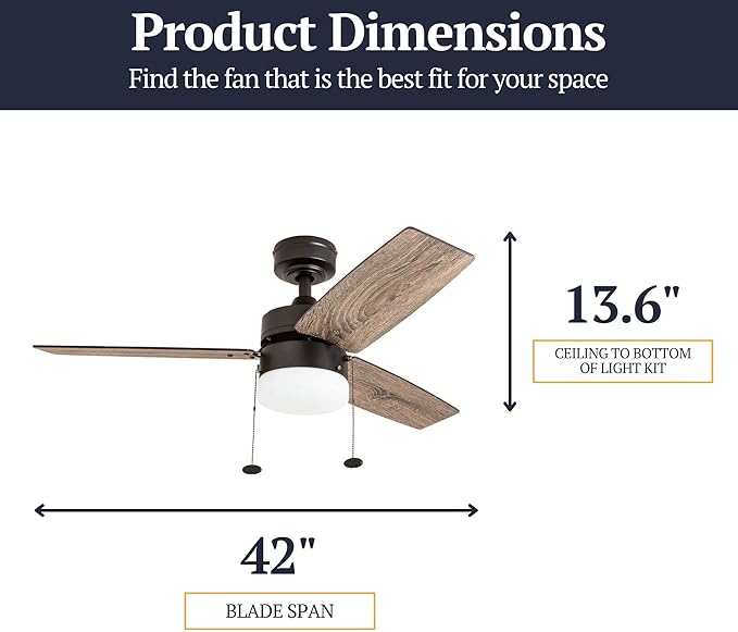 Prominence Home Reston, 42 Inch Modern Farmhouse LED Ceiling Fan with Light, Pull Chain, Dual Mounting Options, Dual Finish Blades, Reversible Motor - 51015-01 (Bronze)