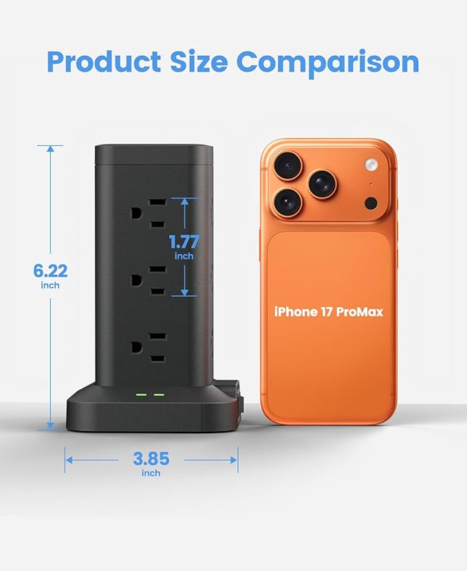 Power Strip Tower with Surge Protector 1800J, Fast Charging Tower PD20W USB-C Ports with 12 AC Outlets, 10ft Extension Cord for Home Office Dorm Room, Black