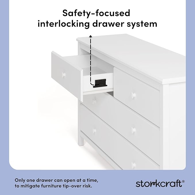 Storkcraft Alpine 6-Drawer Dresser (White) – GREENGUARD Gold Certified, White Dresser for Bedroom, Kids & Nursery Storage Drawers, Safety Interlocking Drawers, Pre-Installed Tracks, Kids Bedroom