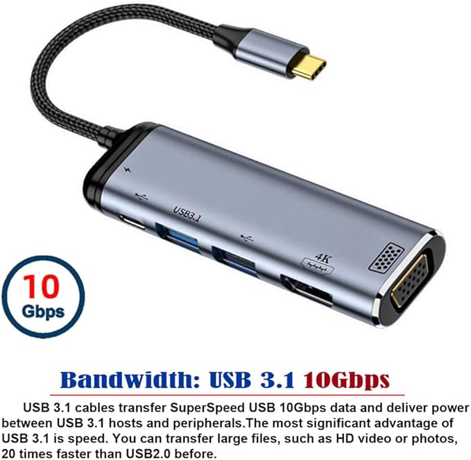 NFHK USB-C Type C to HDMI VGA Dual USB 3.0 HUB Converter HDTV Multiport Adapter 4K 60hz 1080p with Female PD 100W Power Port
