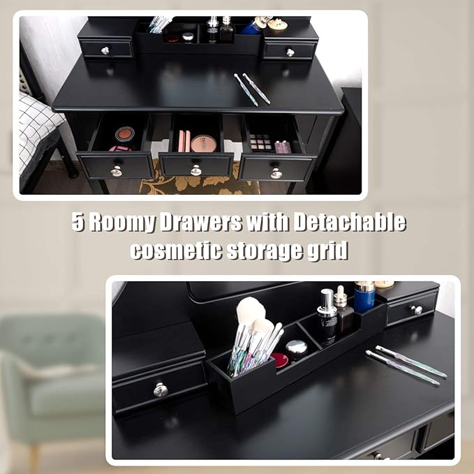 CHARMAID Makeup Vanity Set with Mirror and Cushioned Stool, Dressing Table with 5 Drawers and Removable Storage Organizers, Bedroom Makeup Table with Stool for Women Girls (Black)