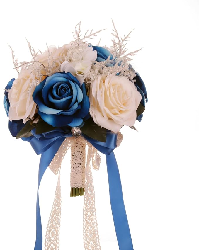 LEIFENY Wedding Bouquets for Bride, Champagne White & Royal Blue Bridal Bridesmaid Wedding Flowers, Artificial Toss Rose for Civil Ceremony (Hollow Lace Ribbon Handle)