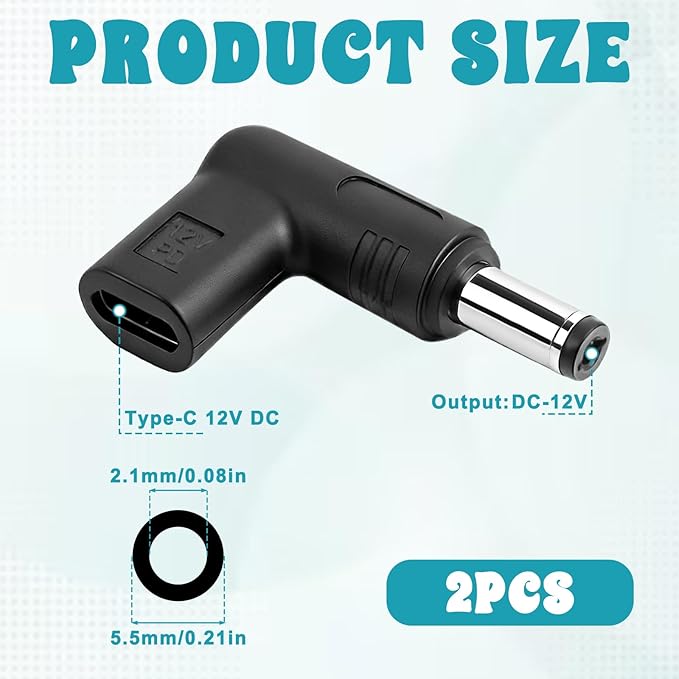 2 PCS USB Type C to 12V DC 5.5 mm x 2.1 mm Power Adapter, 90 Degree Angled Female USB C to Male DC Male Connector Plug Computer Cable Adapters for Router, Speaker, LED Light, Camera Charger Converter