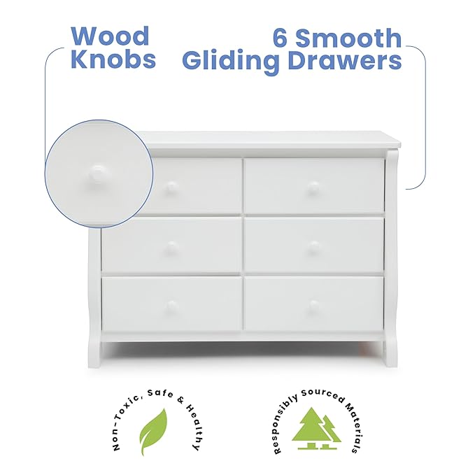 Delta Children Universal 6 Drawer Dresser with Interlocking Drawers - Greenguard Gold Certified, White