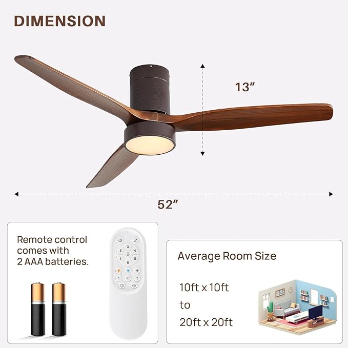 Sofucor 52 Inch Ceiling Fans with Lights, Indoor/Outdoor Ceiling Fan with Light and Remote, Quiet DC Reversible, Dimmable, Flush Mount, 3 Blade Solid Wood Ceiling Fans or Patio Bedroom Farmhouse