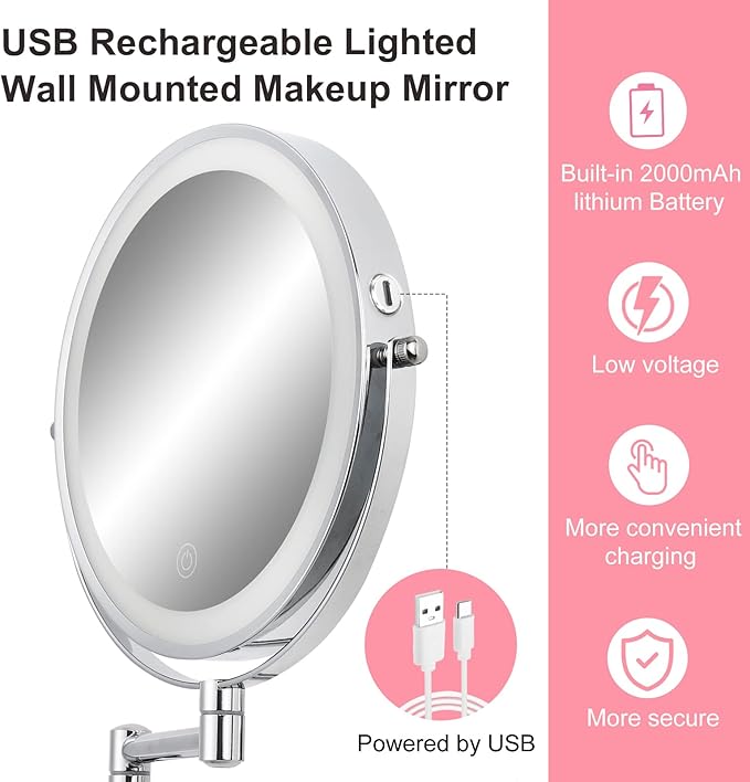 Wall Mounted Makeup Vanity Mirror with Lights, 8” Double Sided 1X/10X Wall Mount Magnifying Bathroom Shaving Mirror with 3 Color Lights, Rechargeable Touch Dimmable Extendable Cosmetic