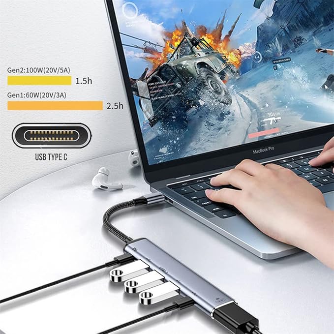 NFHK USB-C Type C to HDMI 4K Dual USB 3.0 HUB Converter HDTV Multiport Adapter 60hz with Female 100W PD Power Port