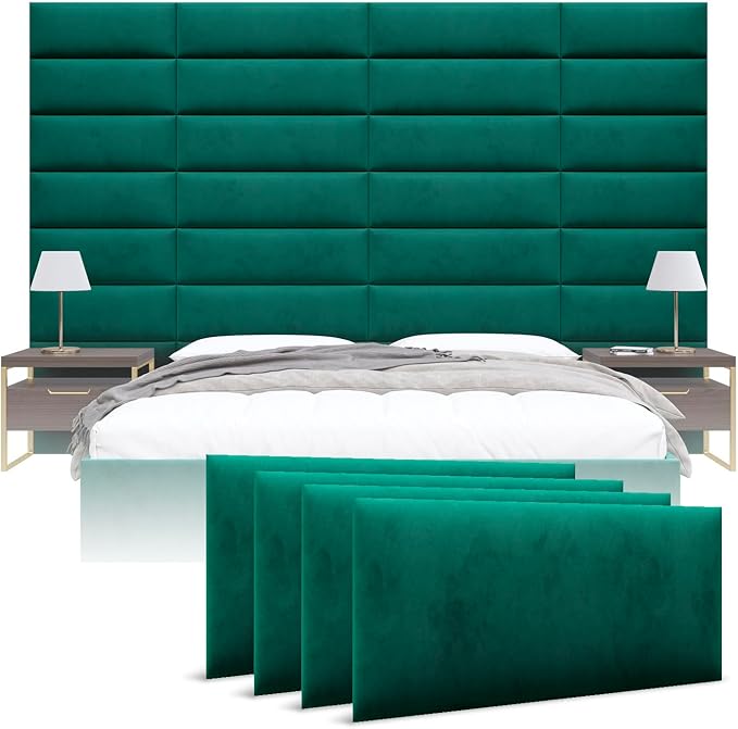 Vänt Upholstered Wall Panels - Queen/Full Size Wall Mounted Velvet Headboards - Velvet Emerald Green - Set of 4 Panels (Each Individual Panel 30"x11.5")